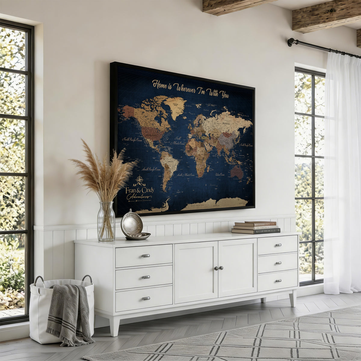 57774467-MGV-CV-36X24 - Custom Push Pin World Map Wall Art Canvas Print – Personalized Travel Tracker with Pins Framed Large for Home and Office Decor