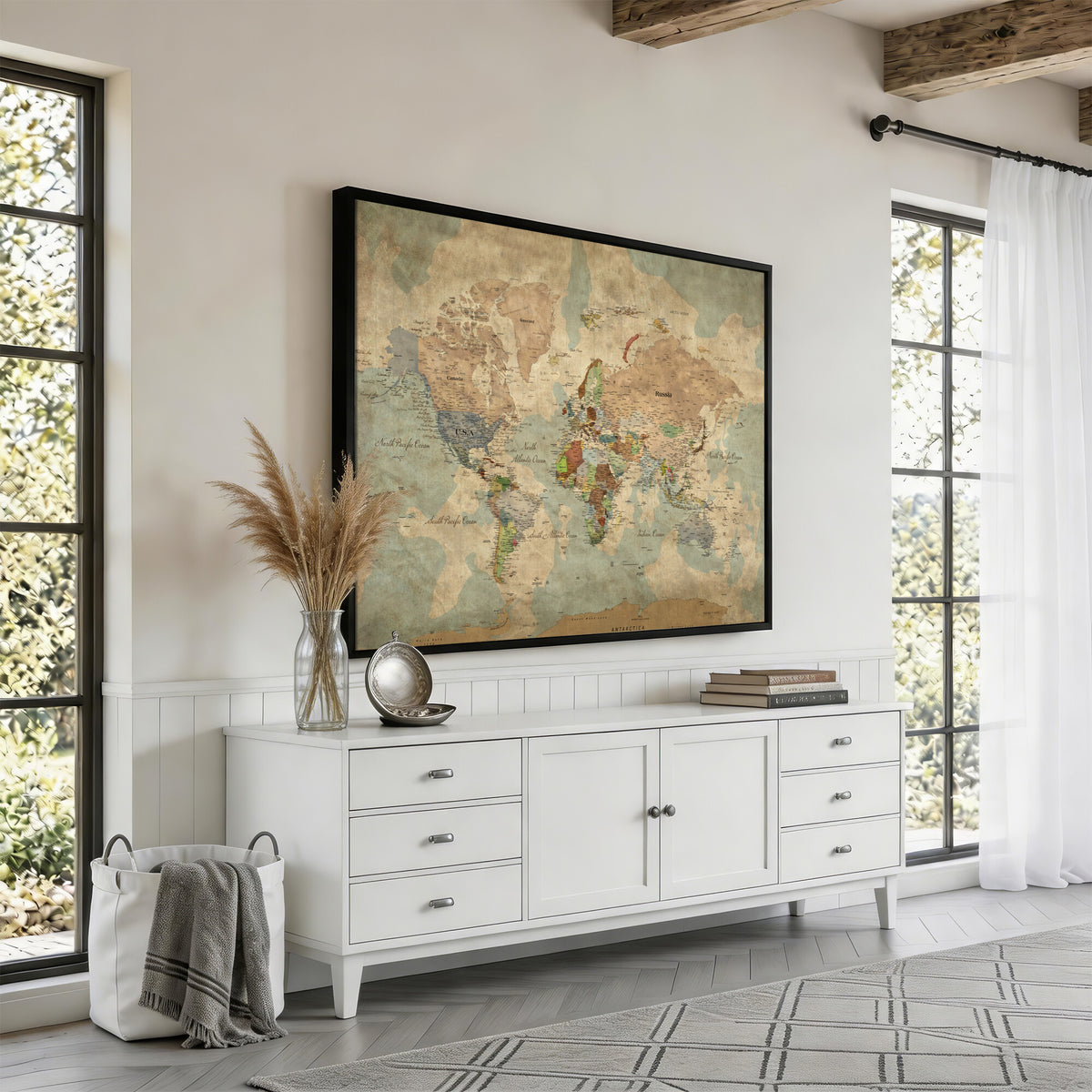 20795898D-MGV-CV-36X24 - Custom Push Pin World Map Wall Art Canvas Print – Personalized Travel Tracker with Pins Framed Large for Home and Office Decor