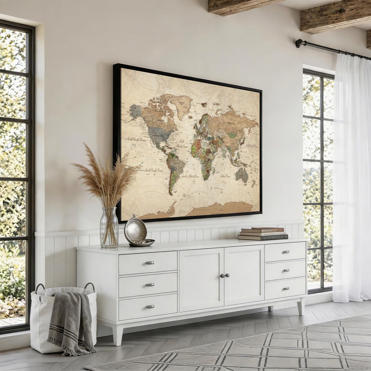 32749414D-MGV-CV-36X24 - Custom Push Pin World Map Wall Art Canvas Print – Personalized Travel Tracker with Pins Framed Large for Home and Office Decor