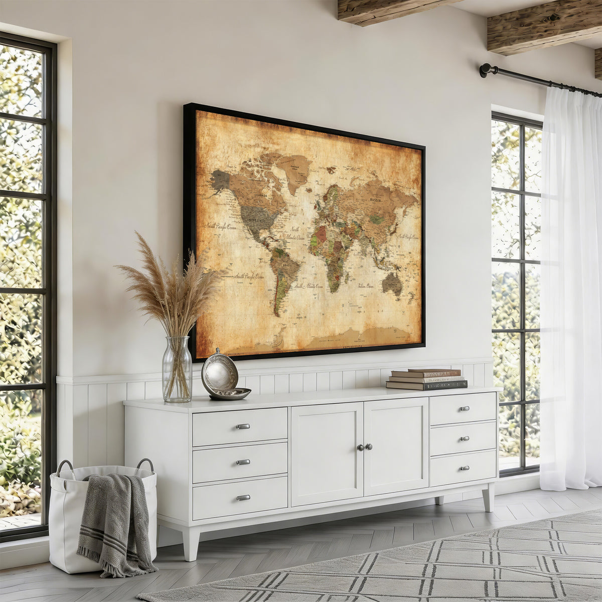 26621467D-MGV-CV-36X24 - Custom Push Pin World Map Wall Art Canvas Print – Personalized Travel Tracker with Pins Framed Large for Home and Office Decor