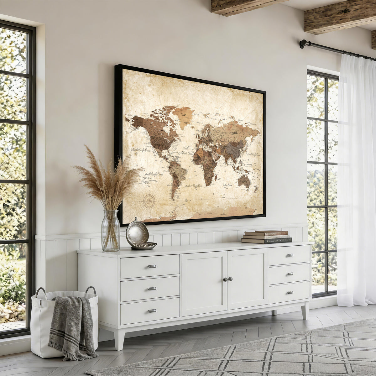 69154703D-MGV-CV-36X24 - Custom Push Pin World Map Wall Art Canvas Print – Personalized Travel Tracker with Pins Framed Large for Home and Office Decor