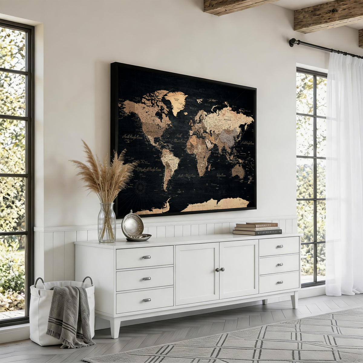 55335455D-MGV-CV-36X24 - Custom Push Pin World Map Wall Art Canvas Print – Personalized Travel Tracker with Pins Framed Large for Home and Office Decor