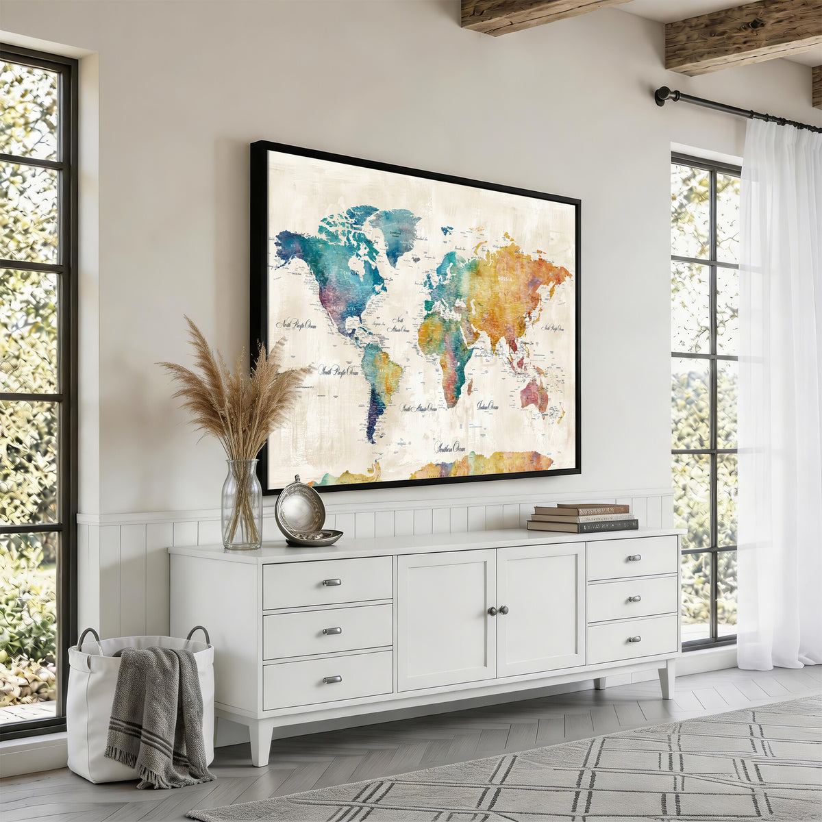 53654999D-MGV-CV-36X24 - Custom Push Pin World Map Wall Art Canvas Print – Personalized Travel Tracker with Pins Framed Large for Home and Office Decor