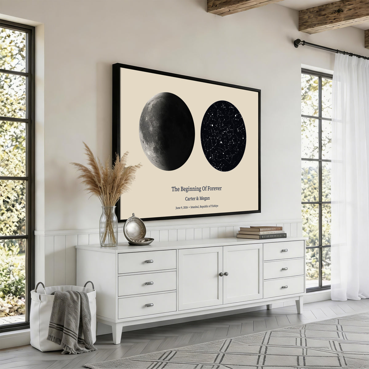 CSTM914LIRIKD-MGV-CV-36X24 - Moon and Stars Canvas Print – Personalized Moon Phase and Star Map Wall Art