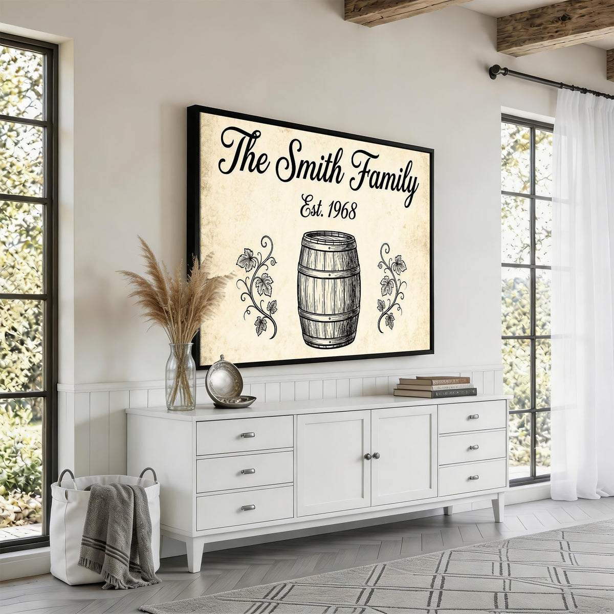 Wine barrel family name sign wall art, print option