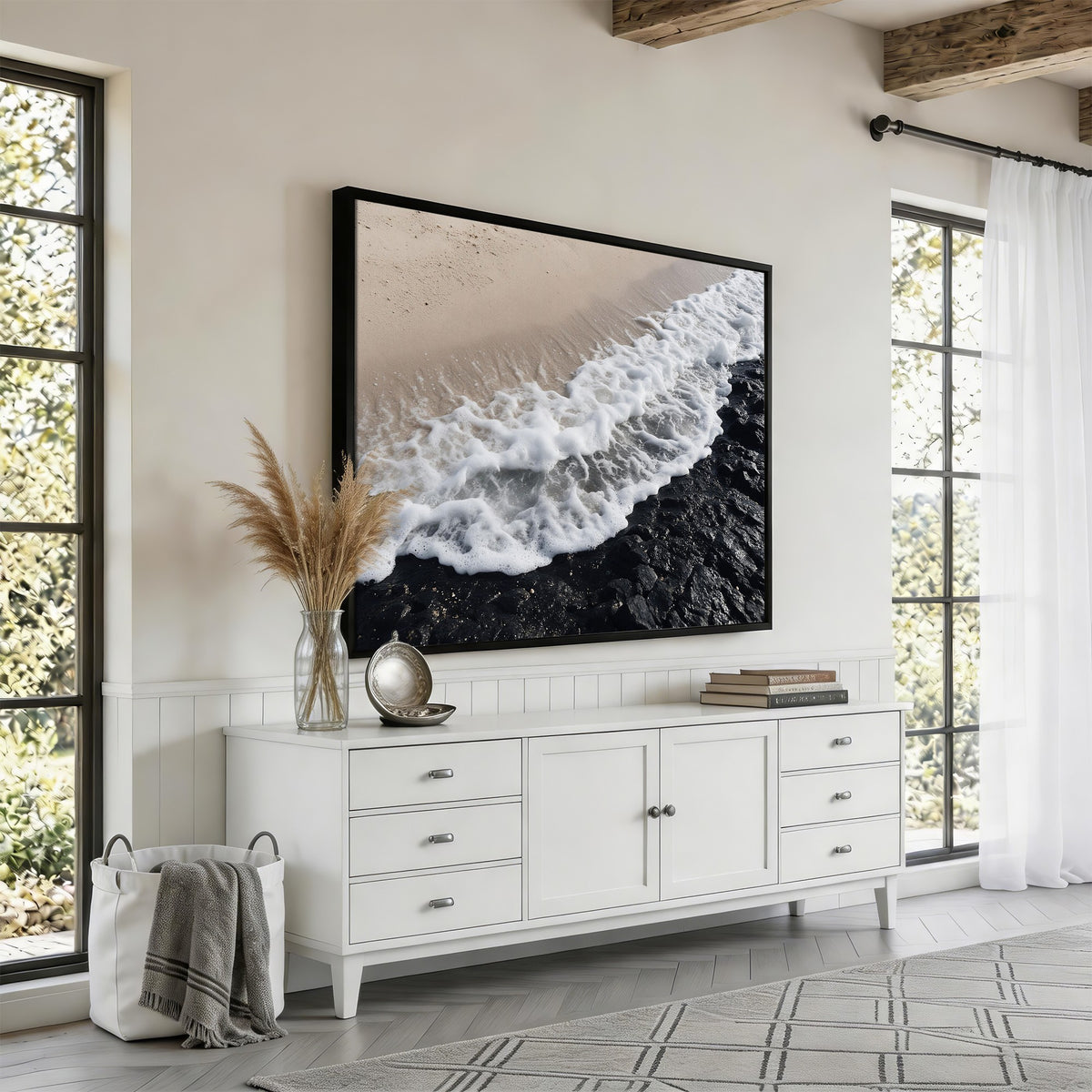27448606-MGV-CV-24X16 - Ocean Wave Foam on Black Lava Rock Beach Canvas Wall Art Print