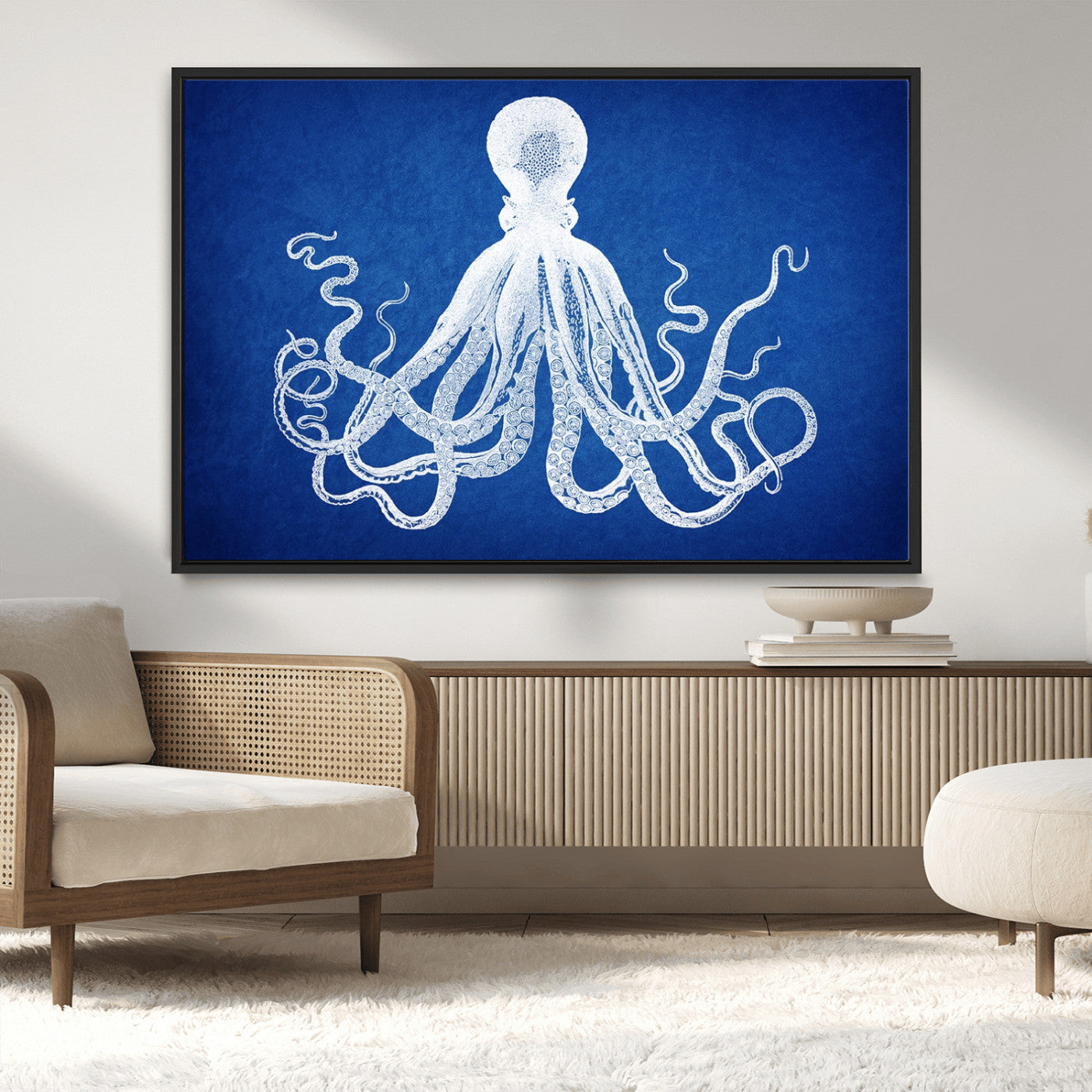 MGV-FC-36X24 - Large 3-Panel Blue Octopus Canvas Wall Art | Coastal Marine Life Artwork for Living Room, Bedroom,