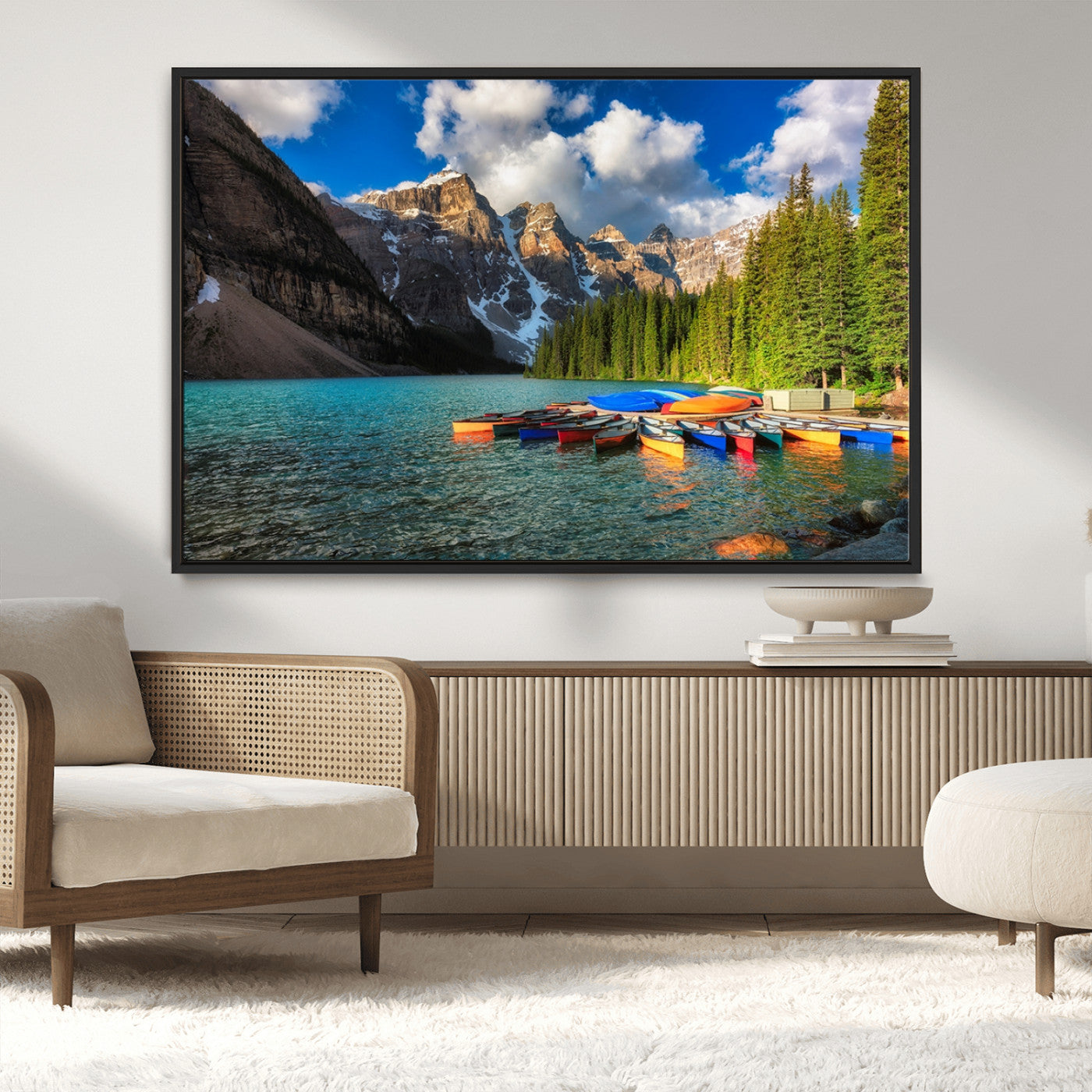 MGV-FC-36X24 - Moraine Lake 3-Panel Wall Art, Majestic Mountain and Lake Landscape Canvas Print Canoes on Moraine