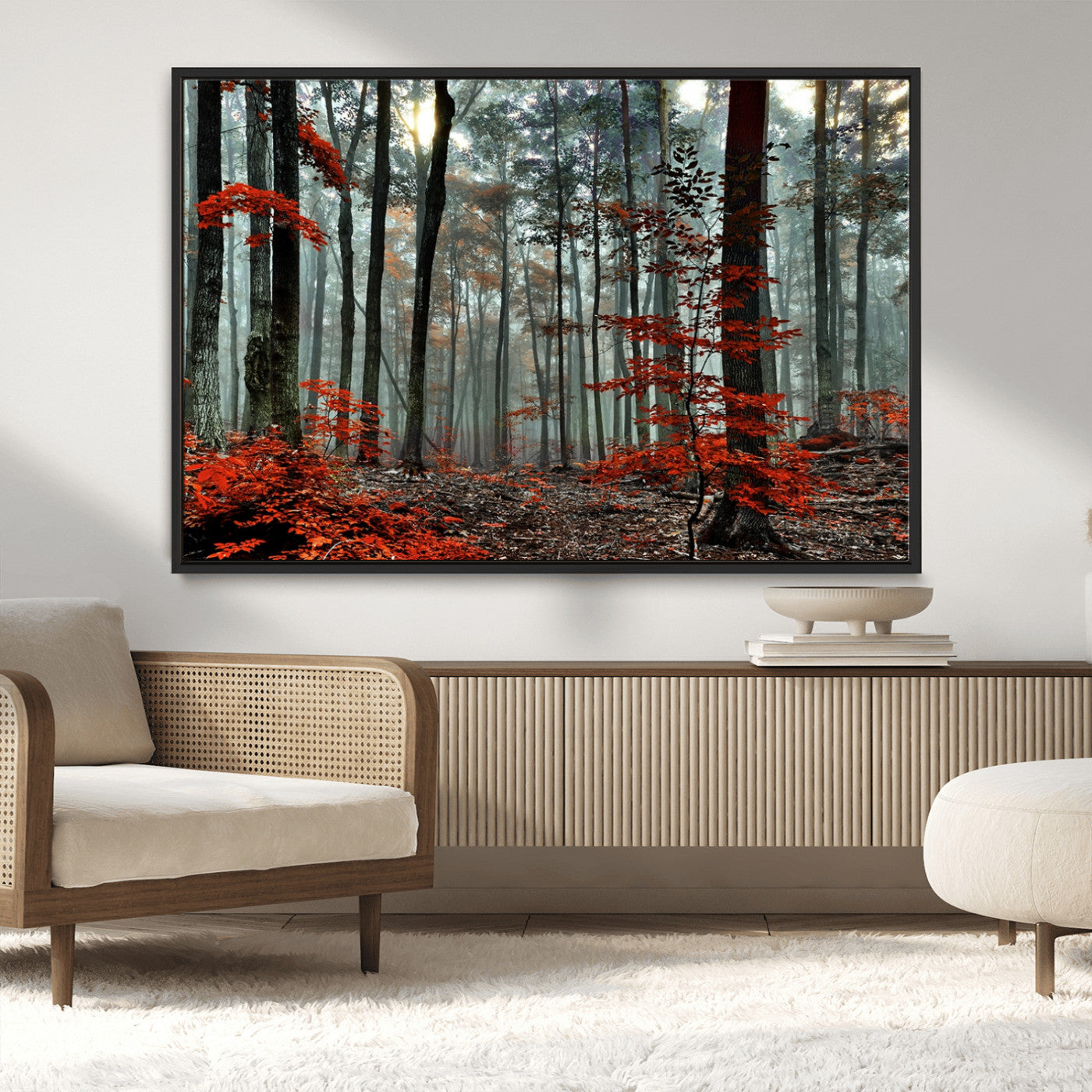 MGV-FC-36X24 - Autumn Forest Canvas Wall Art – Enchanting Red Leaves Triptych Print – Nature-Inspired Decor for