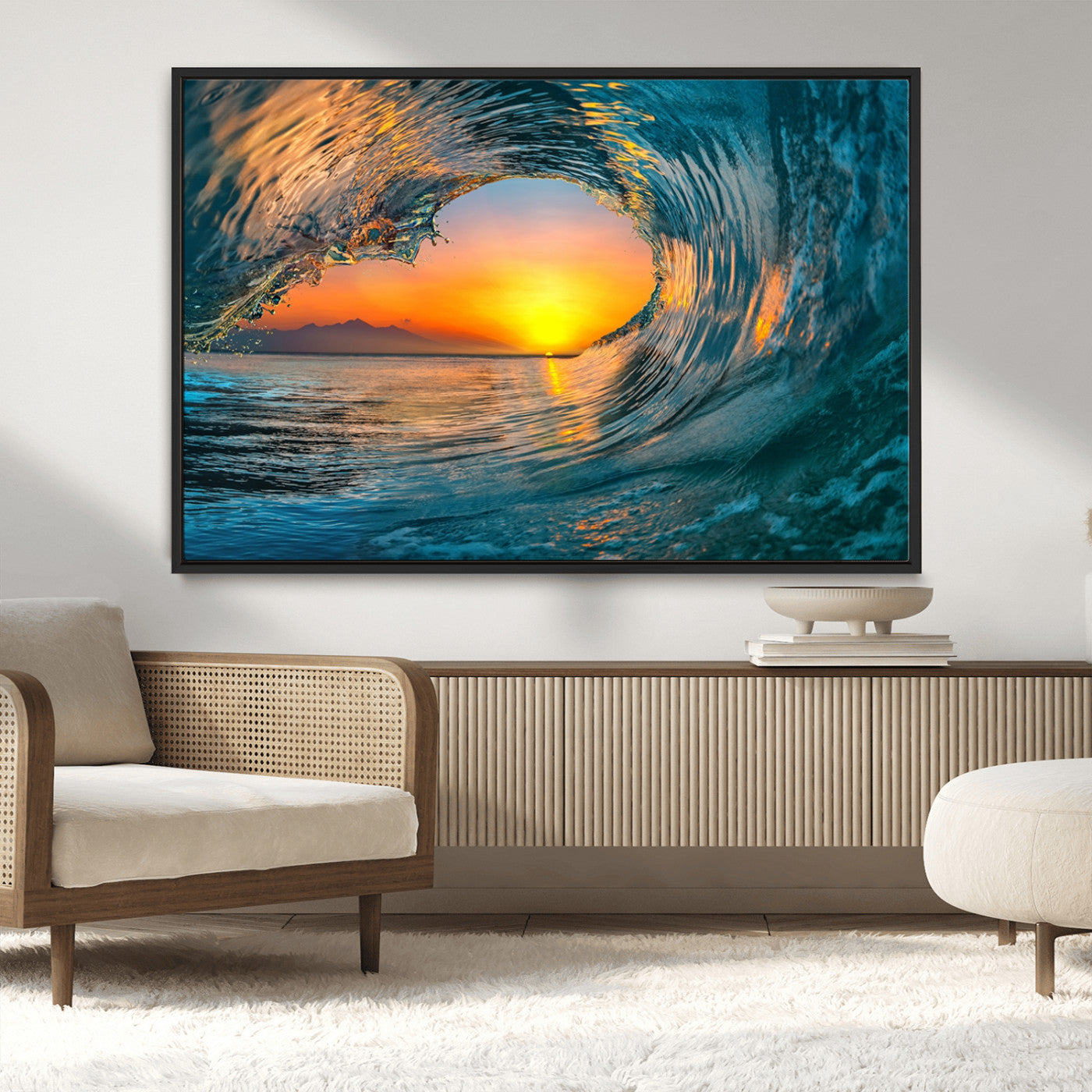 MGV-FC-36X24 - Ocean Wave Sunset Wall Art | Large Coastal Wave Canvas Print | 3-Panel Ocean Sunset Seascape for
