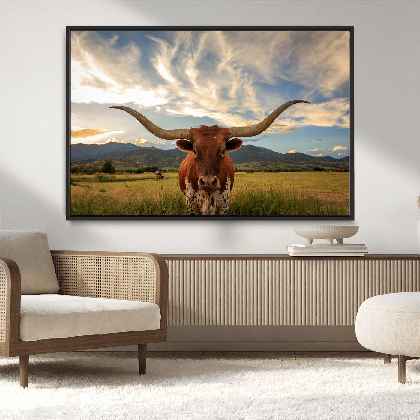 MGV-FC-36X24 - Texas Longhorn Canvas Wall Art – Majestic Triptych Animal Print – Rustic Western Decor for Living