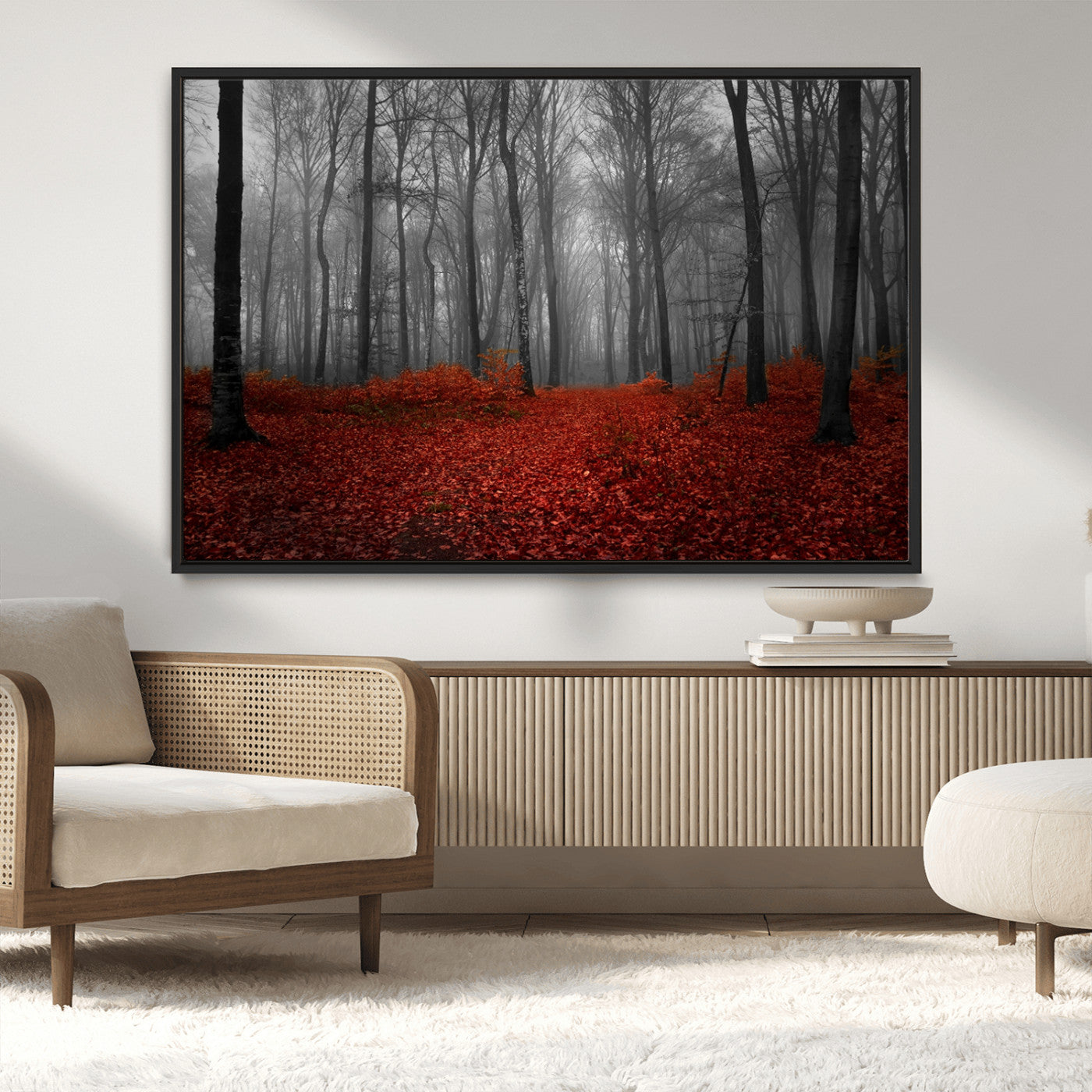 MGV-FC-36X24 - Red Forest Floor Canvas Wall Art – Mystical Foggy Woodland Triptych – Nature-Inspired Decor for