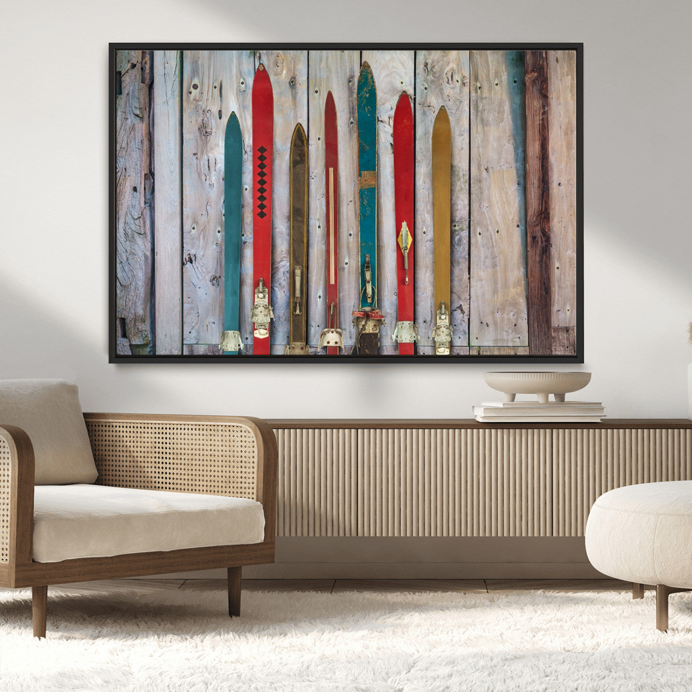 MGV-FC-36X24 - Vintage Wooden Weathered Ski's in Front of an Old Barn Wall Art Canvas Print for Farmhouse, Cabin