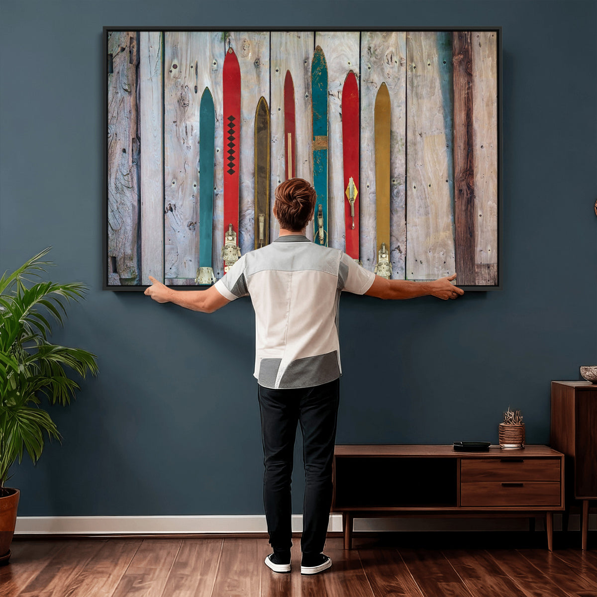 30640-MGV-CV-36X24 - Vintage Wooden Weathered Skis in Front of an Old Barn Wall Art Canvas Print