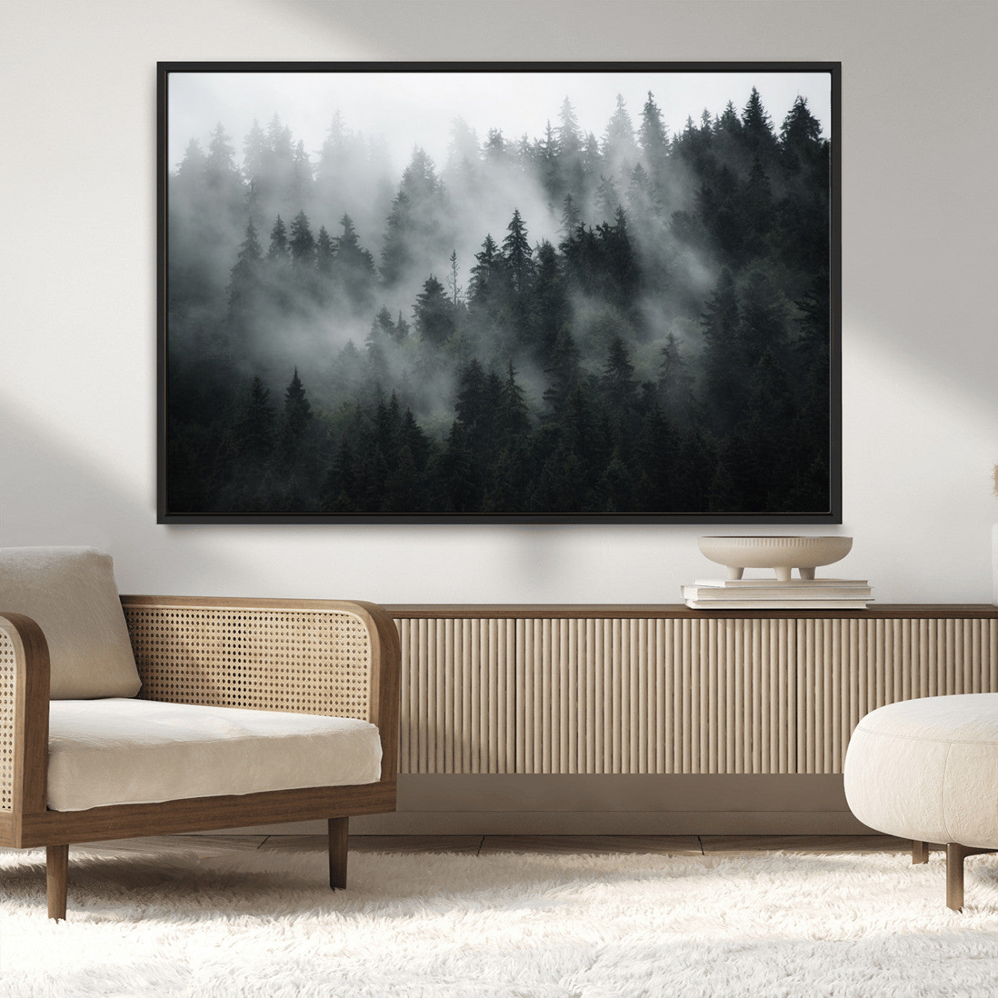 MGV-FC-36X24 - Foggy Forest Wall Art Canvas Print | 3 Panel Large Misty Landscape for Dining Room, Office, or