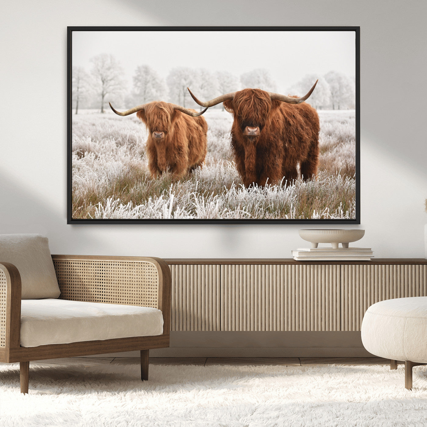 MGV-FC-36X24 - Longhorn Cattle Wall Art Canvas Print, Framed Farmhouse Style Art Picture Print, Rustic Cow Perfect Rustic Farmhouse Decor Artwork