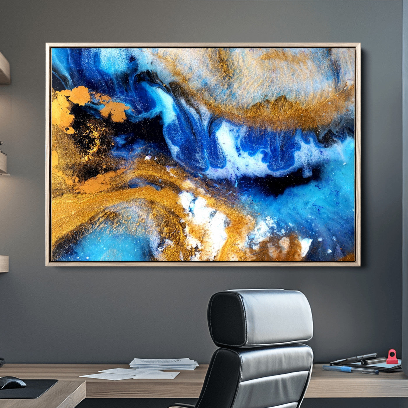 42100-MGV-CV-36X24-Blue Orange Marble Fluid Effect Canvas Wall Art Print