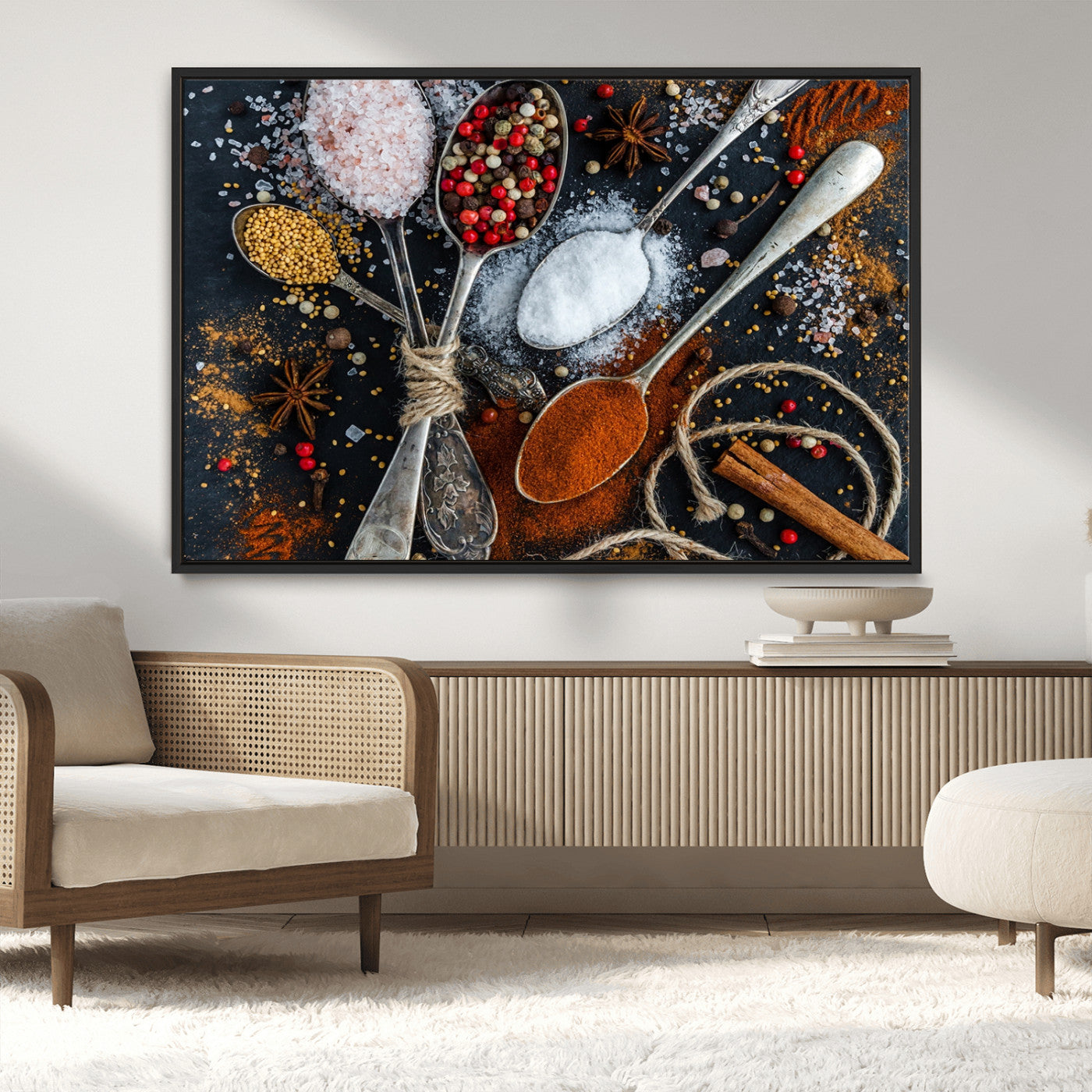 MGV-FC-36X24 - Spices and Seasonings Canvas Wall Art – Colorful Triptych Kitchen Decor – Culinary Art for Dining