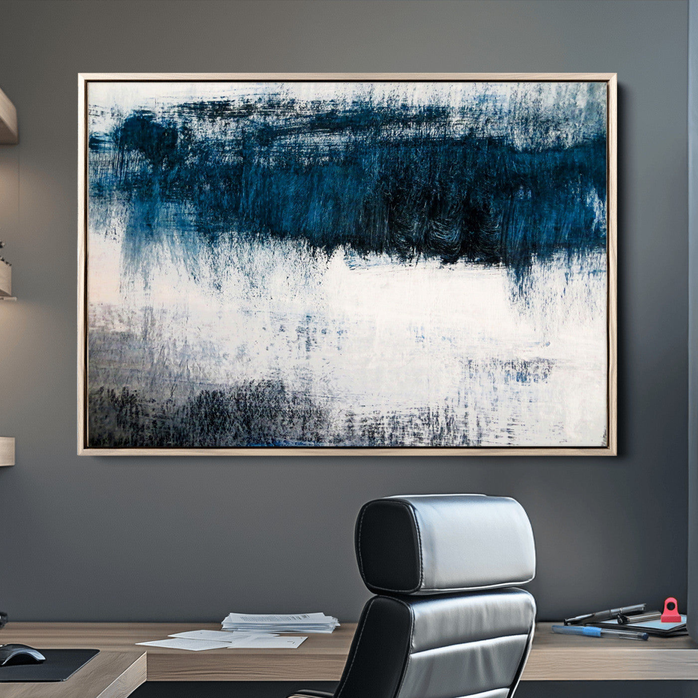 38954-MGV-CV-36X24-Abstract Blue and White Canvas Art | Large Wall Art for Modern Living Room Decor | Minimalist Brushstroke Painting on Canvas