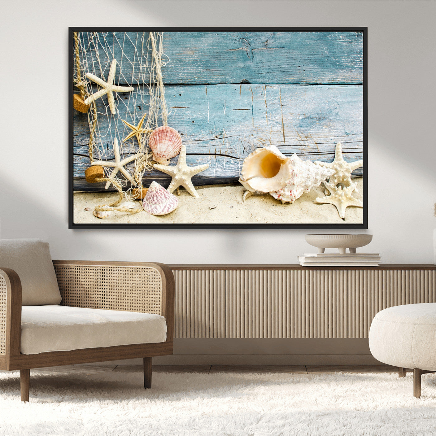 MGV-FC-36X24 - Seashells on Rustic Wooden Background, Seashells Wall Art Canvas Print