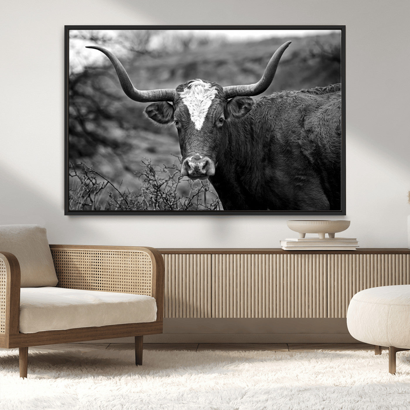 MGV-FC-36X24 - Western Home Wall Art Canvas Print, Framed Texas Longhorn Art Picture Print, Rustic Cow Perfect Rustic Farmhouse Decor Artwork