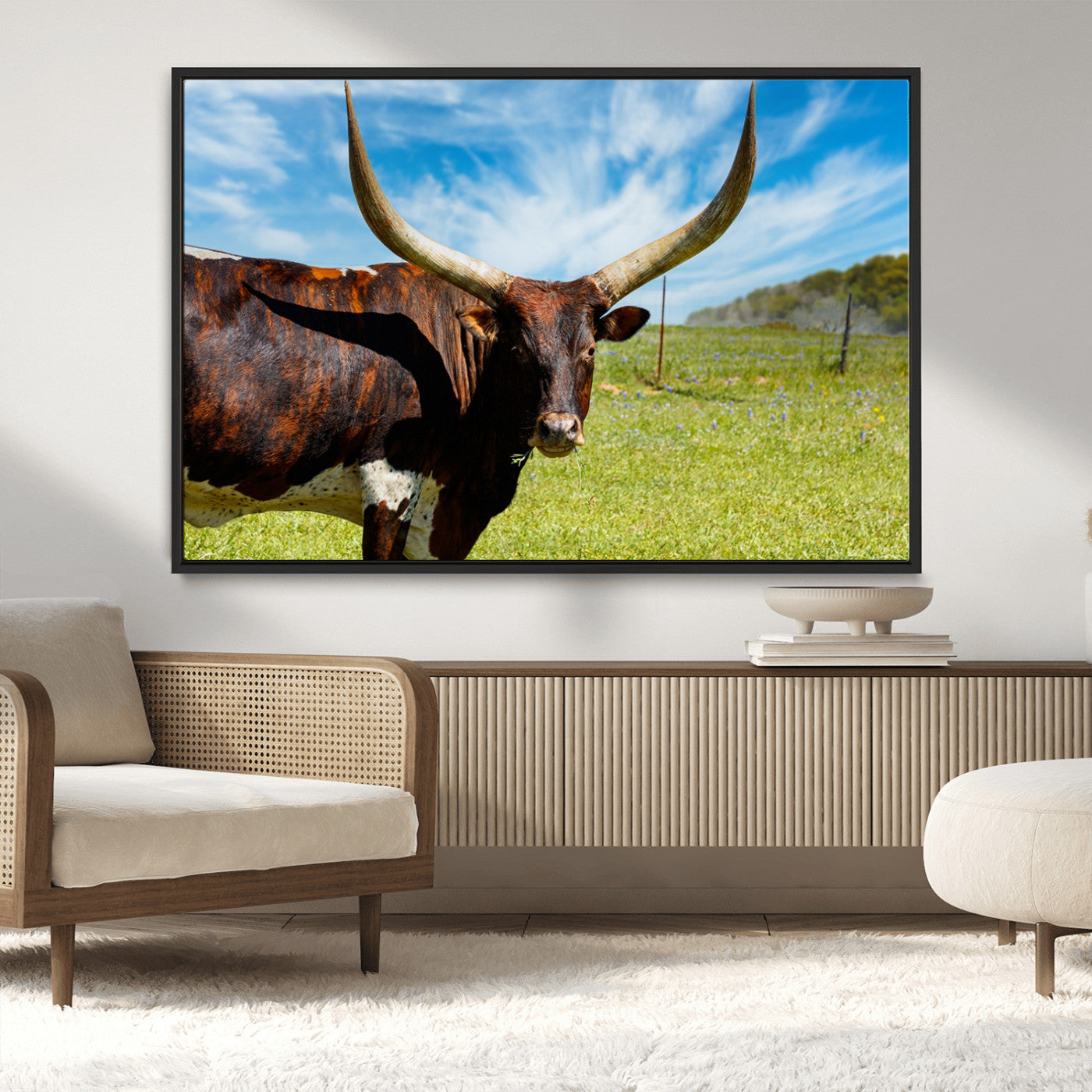 MGV-FC-36X24 - Longhorn and Cow Wall Art, Country Cow Wall Decor Canvas Print