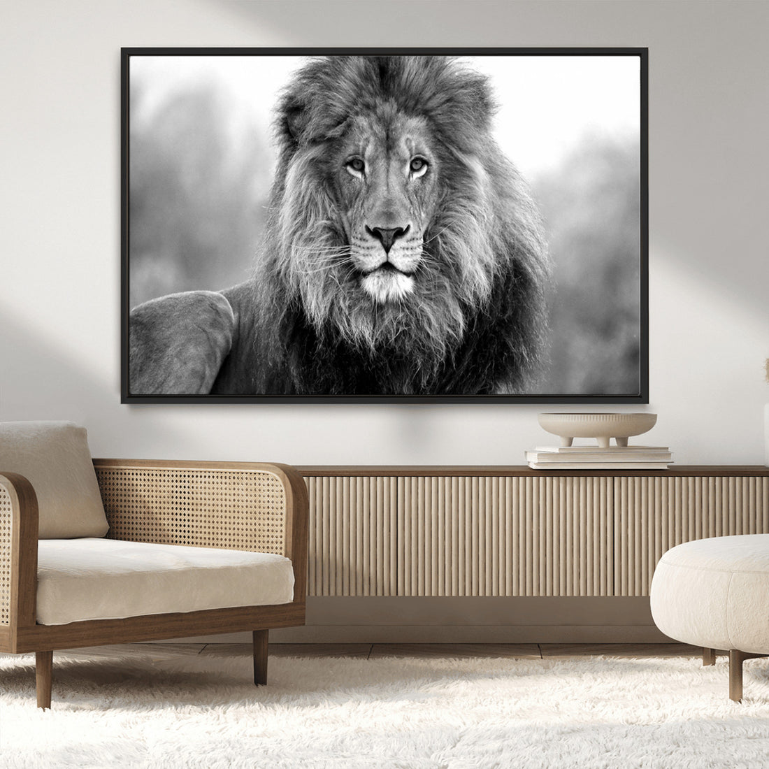 Black and White Lion Canvas Wall Art | Animal Print Artwork
