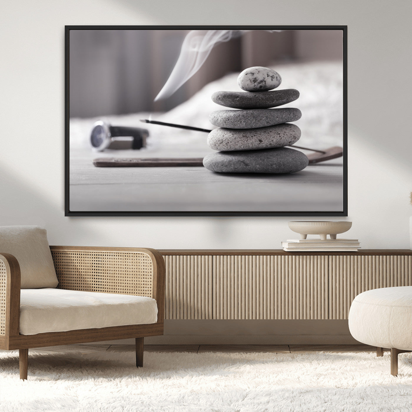MGV-FC-36X24 - Burning Incense and Zen Stones Buddhism Wall Art, Zen Stones Wall Art Canvas Print