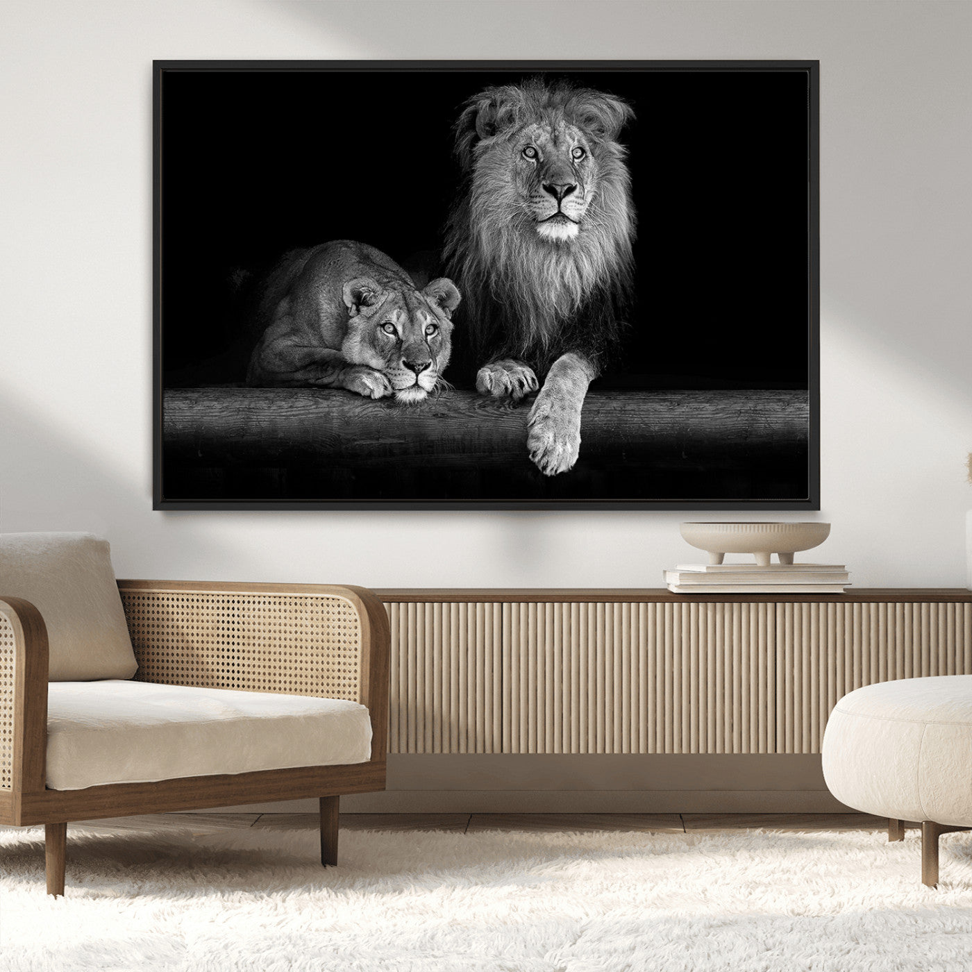 MGV-FC-36X24 - Large Black and White Lion Couple Wall Art Canvas Print