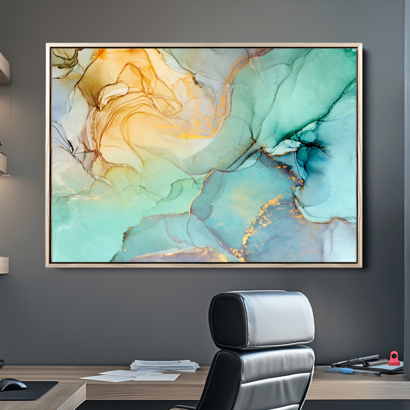 47242-MGV-CV-36X24-Green Marble Fluid Effect Wall Art Abstract Canvas Wall Art Print