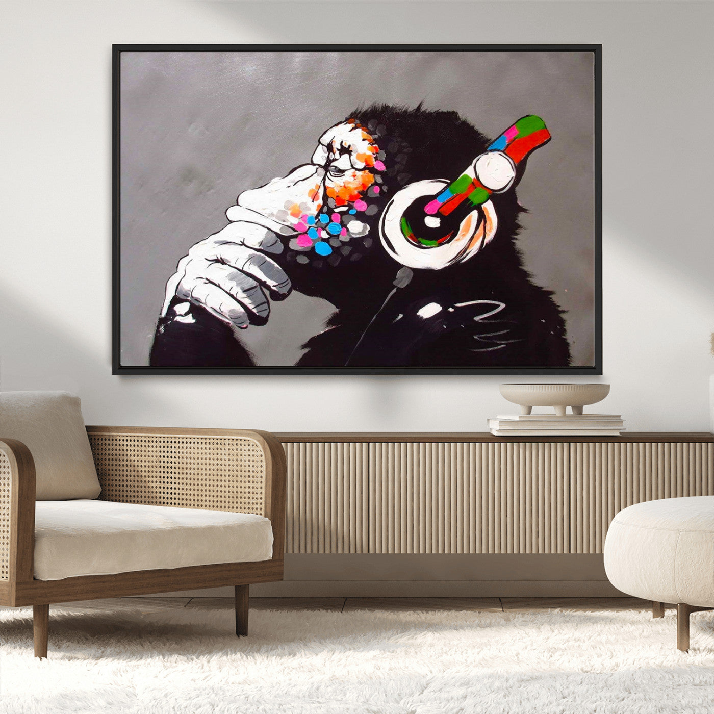 MGV-FC-36X24 - Dj Monkey Listening to Music Wall Art Print | Banksy Monkey Large Canvas Print for Living Room,