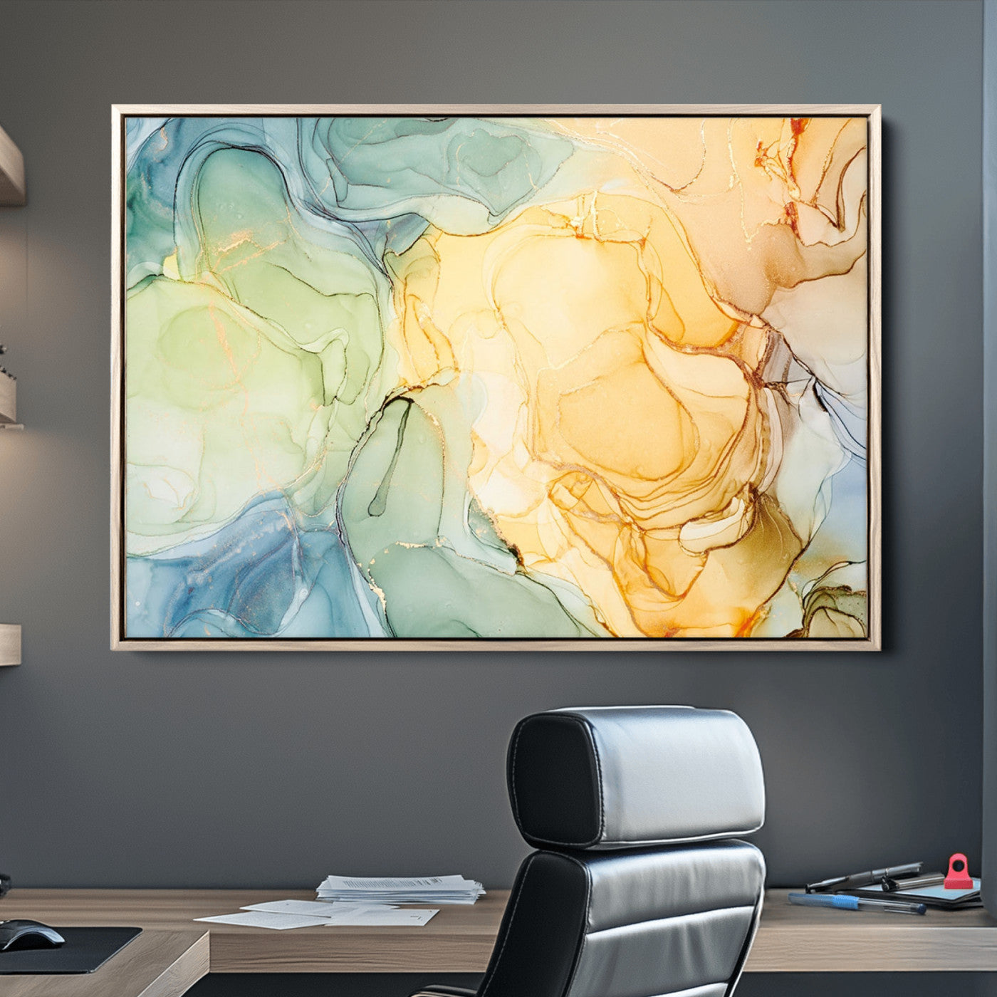 42195-MGV-CV-36X24-Green and Yellow Marble Fluid Effect Wall Art, Green and Yellow Marble Canvas Wall Art Print
