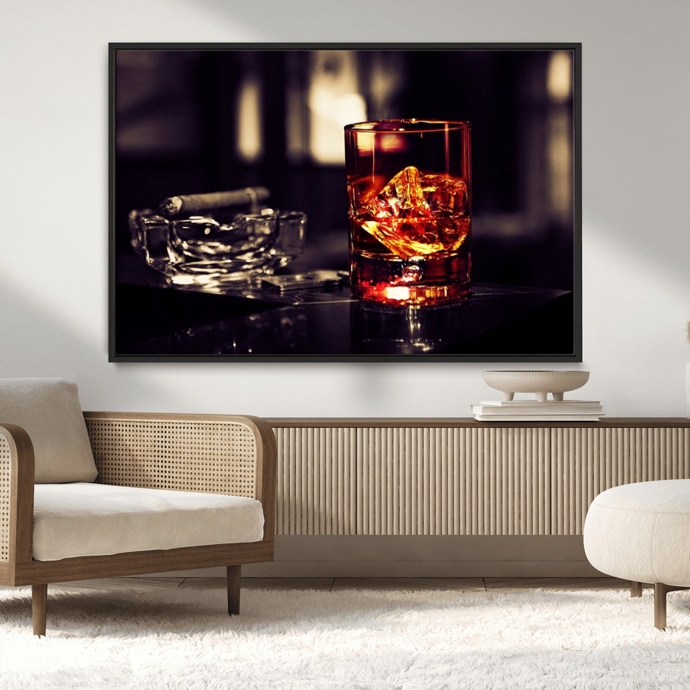 MGV-FC-36X24 - Whiskey and Cigar Canvas – Luxurious Wall Art for Home or Bar – Glass and Cigar Scene Print Canvas