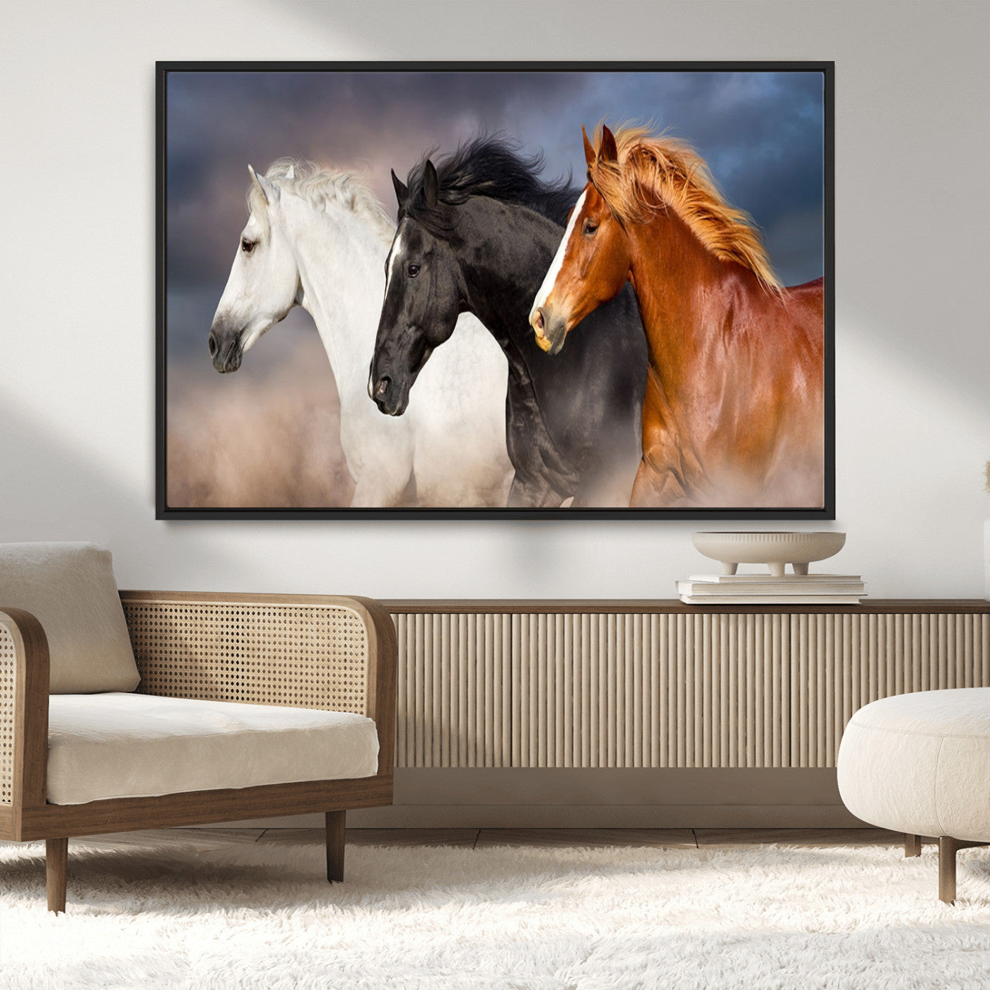 MGV-FC-36X24 - Animal Wall Art Three Horses Farmhouse Art Canvas, Framed Three Horses Canvas Print