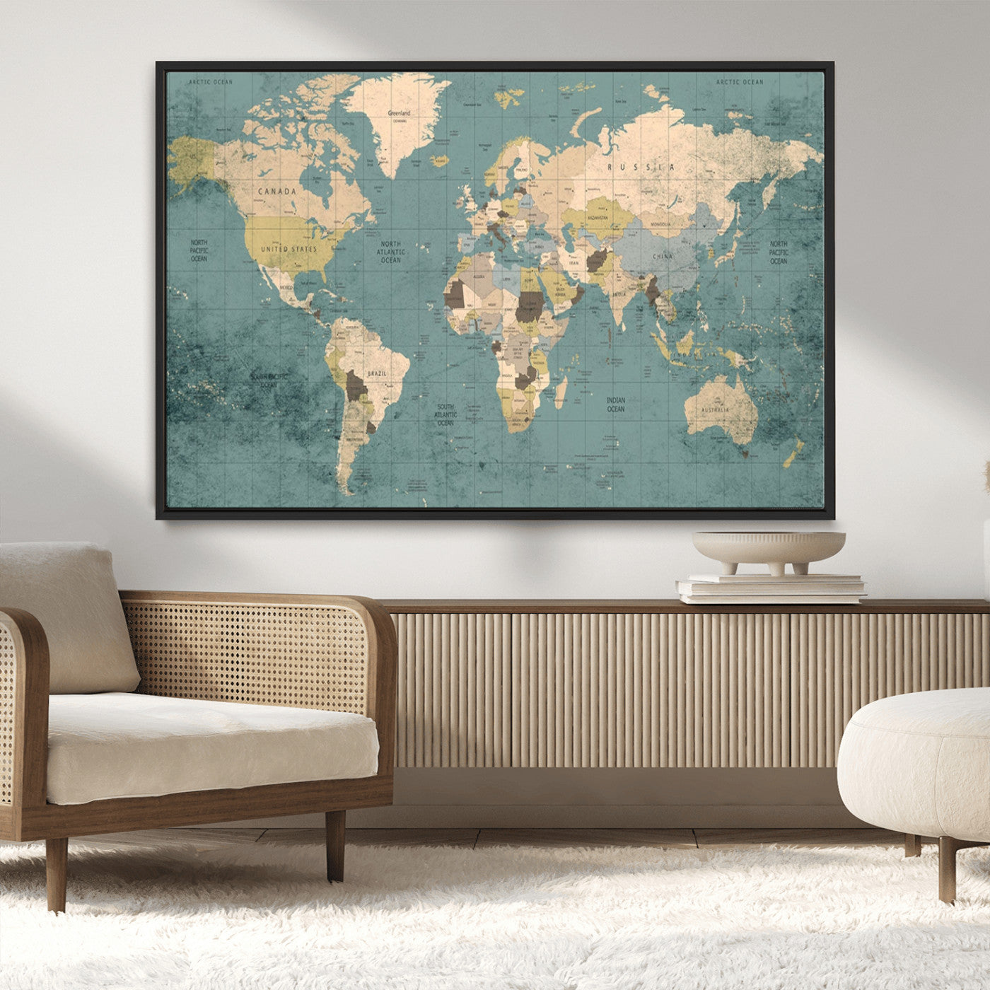 MGV-FC-36X24 - Classic World Map Wall Art Canvas Print, Framed Retro Map Art Picture Print, Vintage Atlas Perfect Rustic Explorer Decor Artwork
