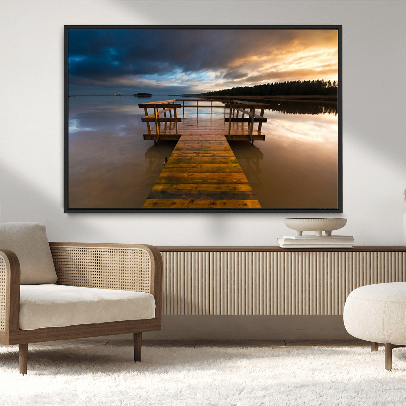 MGV-FC-36X24 - Serene Lake Pier at Sunset Canvas Print | Landscape Canvas Print | Ready to Hang and Framed Wall Art