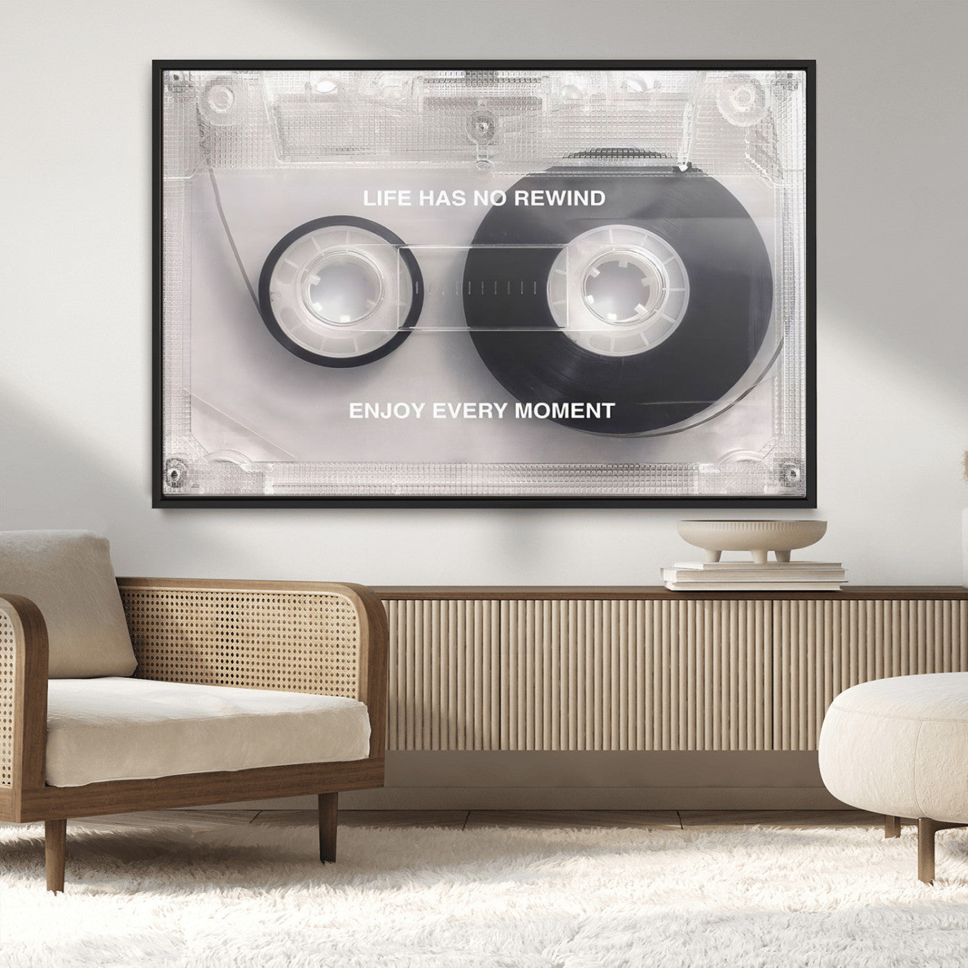 MGV-FC-36X24 - Vintage Cassette Tape Canvas Wall Art - Inspirational 'Life Has No Rewind' Quote, Retro Music Decor