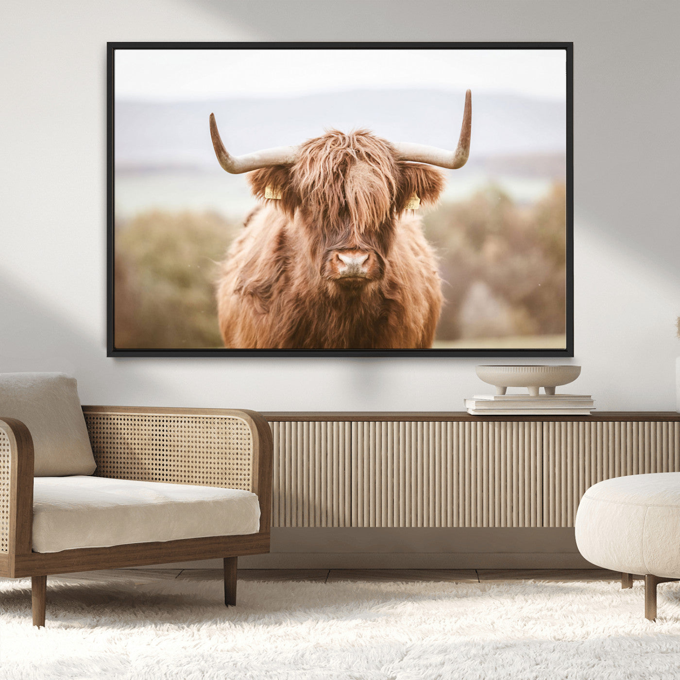 MGV-FC-36X24 - Scottish Serene Highland Cow Canvas Wall Art – Serene Highland Cow in Natural Pastel Tones – Ready
