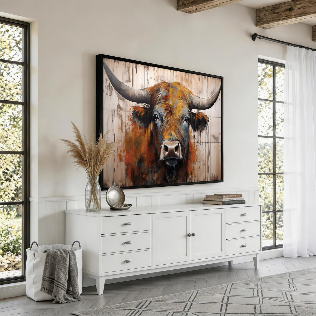 47284-MGV-CV-24X16 - Abstract Bull Highland Cow Canvas Wall Art Print