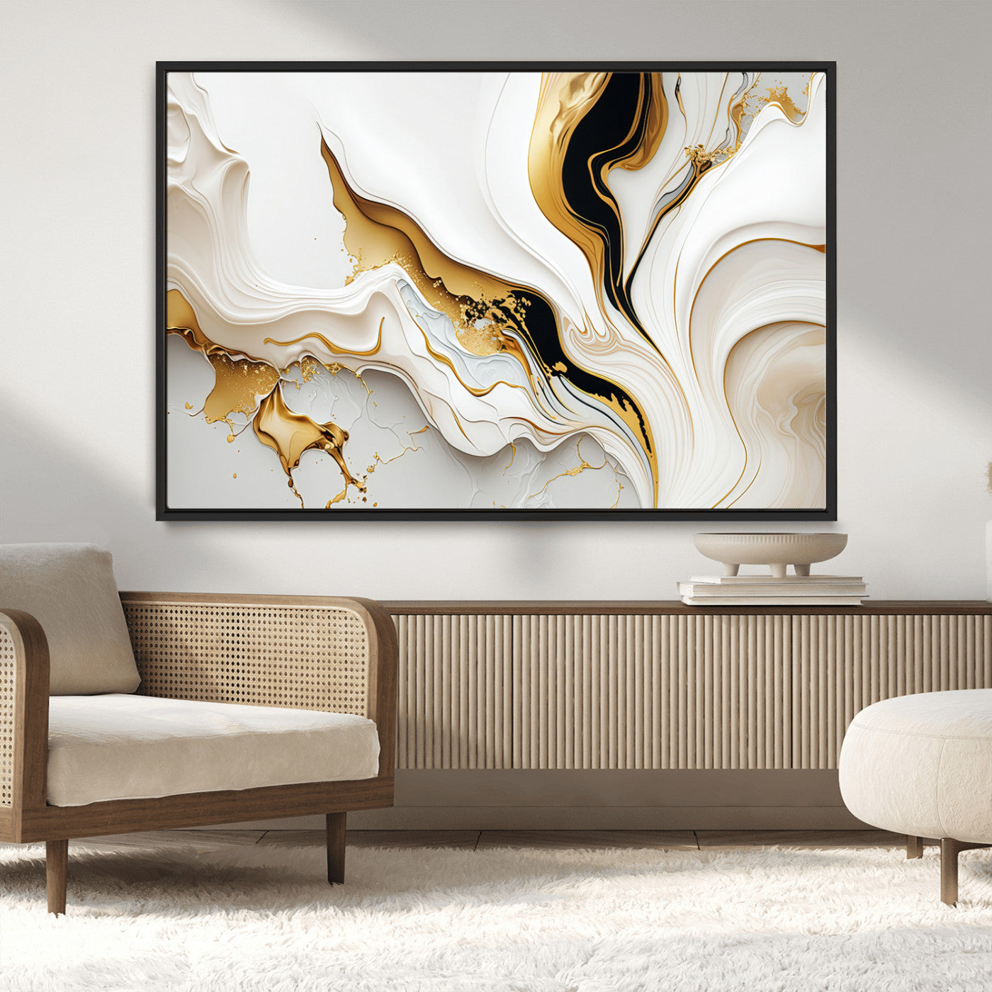 -Gold Waves on Pure White Canvas – Gold Abstract Art for Modern Interiors | Wall Art Canvas, Framed &