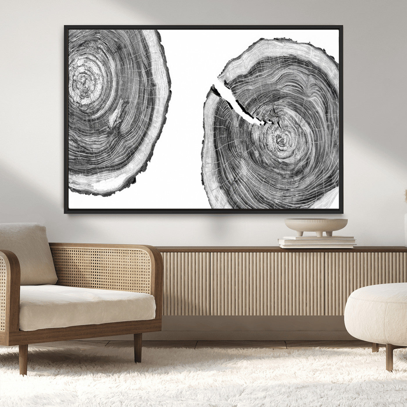 MGV-FC-36X24 - Modern Black and White Tree Rings Canvas Wall Art – Nature Inspired Wood Slice Print – Minimalist