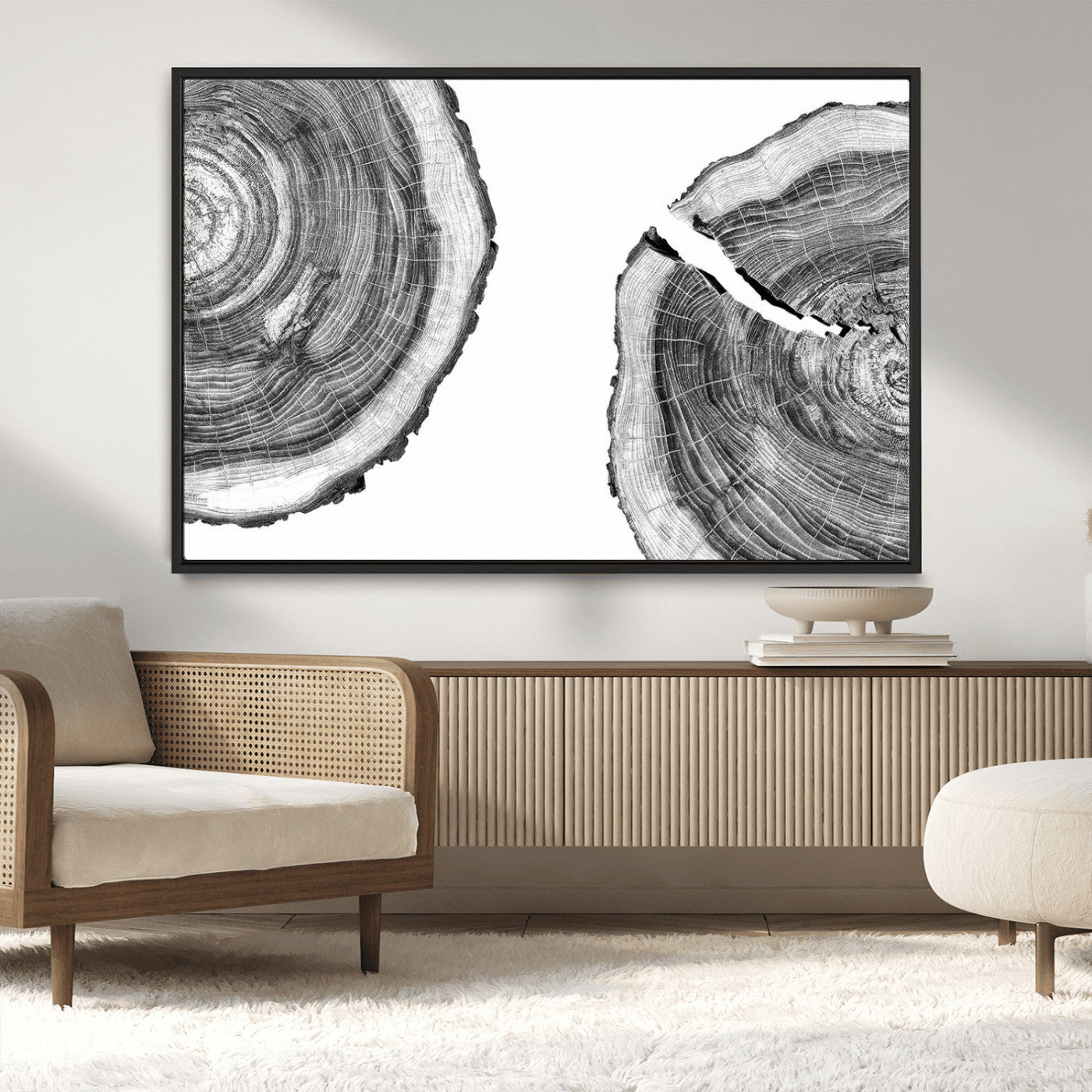 MGV-FC-36X24 - Abstract Large Tree Rings – Minimalist Black and White Wood Art | Triptych Canvas, Modern Wall Decor
