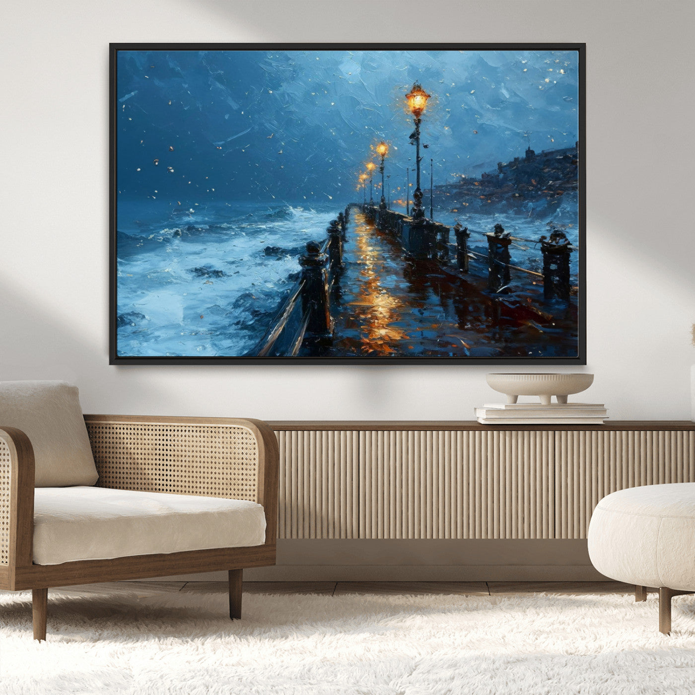 MGV-FC-36X24 - Stormy Night at Beach Pier Oil Painting Large Wall Art Print, Framed Canvas Nature Wall Decor,