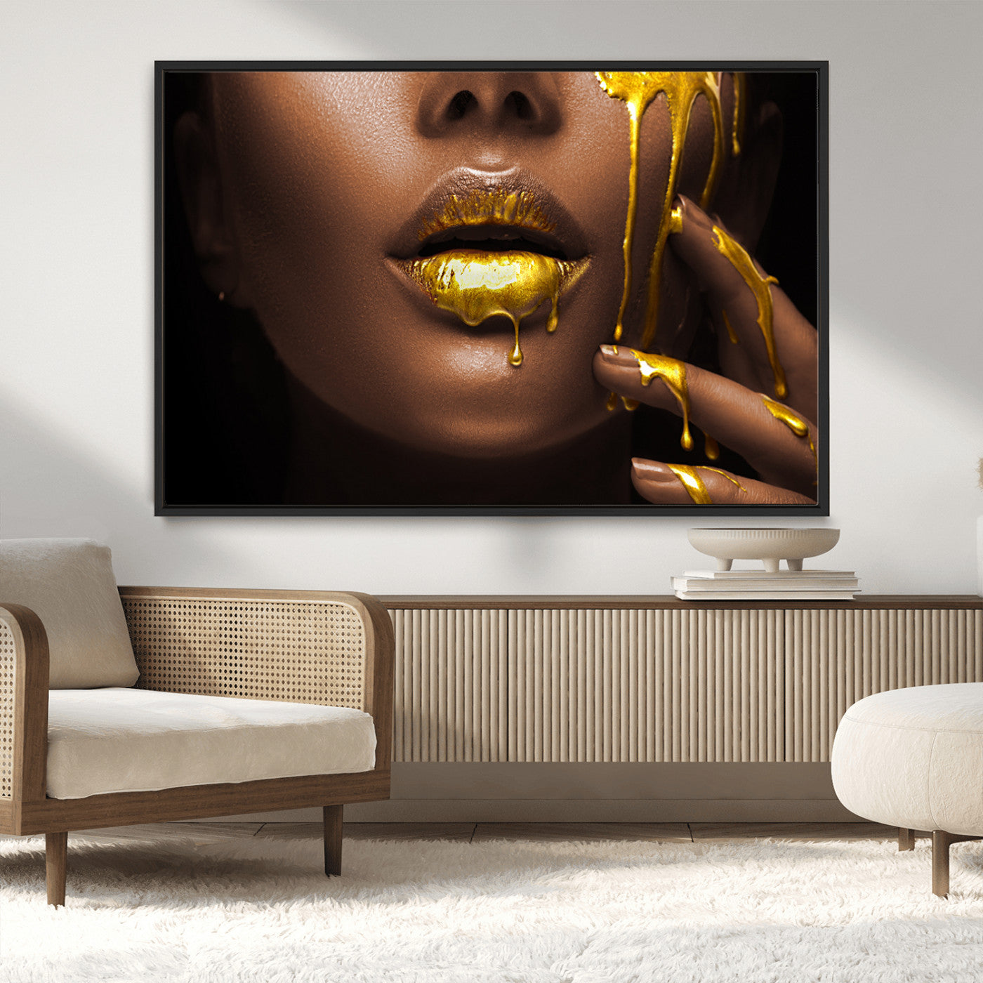 MGV-FC-36X24 - African American Art Black Woman Canvas Print, African Wall Art, Fashion African Woman Gold Lips