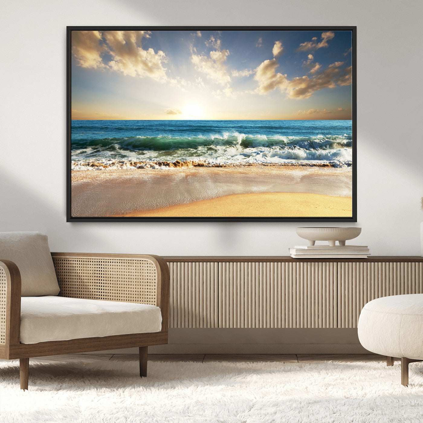 MGV-FC-36X24 - Golden Sunset Beach Triptych Canvas Wall Art for Living Room – 3-Panel Ocean View, Framed & Ready to