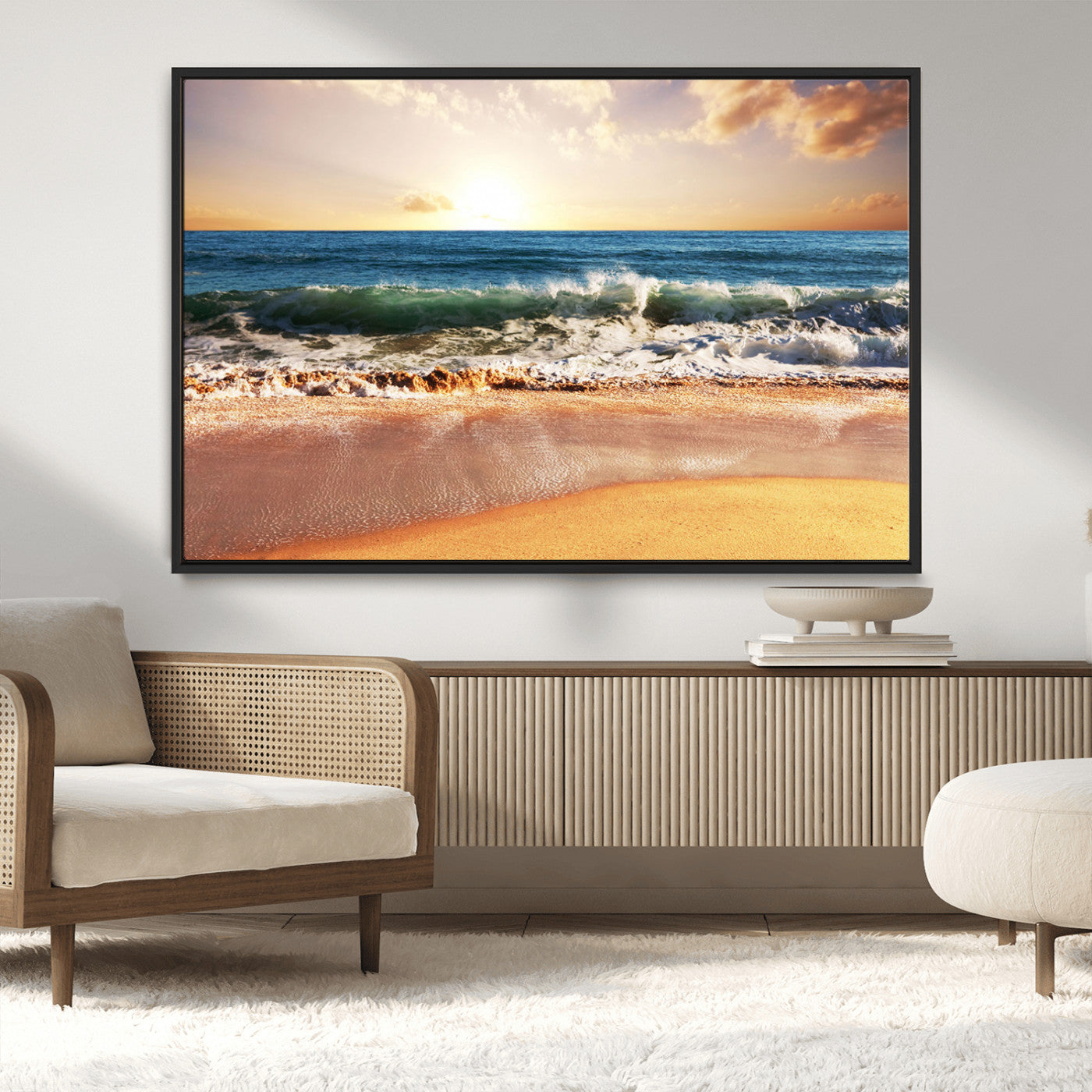 MGV-FC-36X24 - Sunset Beach Wall Art - 3-Panel Framed Canvas Print, Ready to Hang Ocean Sunset for Coastal and