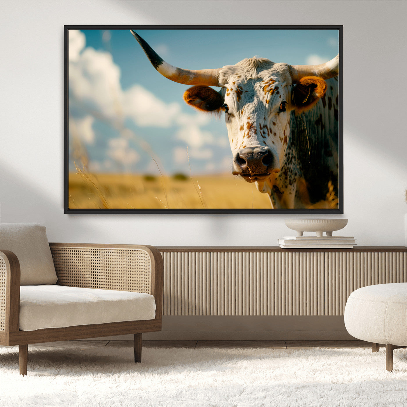 MGV-FC-36X24 - Longhorn in the Prairie - Stunning Ranch-Style Triptych Wall Art for Western Home Decor, Cowboy Wall