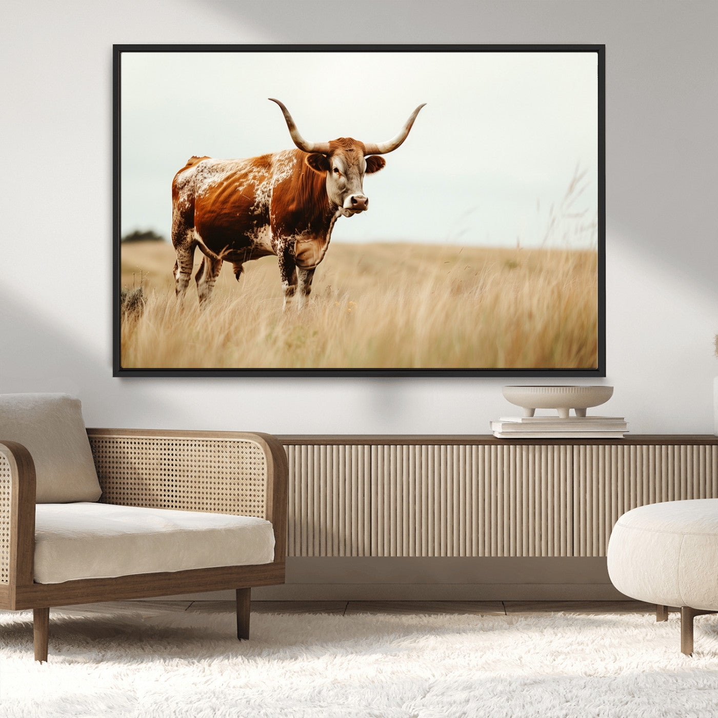 MGV-FC-36X24 - Texas Longhorn Canvas Wall Art Print – Majestic Western Cattle in Rustic Farmhouse Decor – Cow Wall