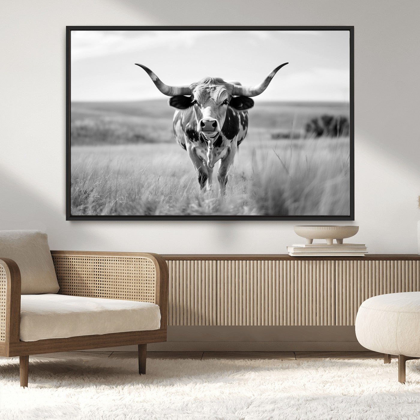 MGV-FC-36X24 - Texas Cow Longhorn Wall Art Canvas Print for Farm House Wall Decor, Farmhouse Wall Art Print