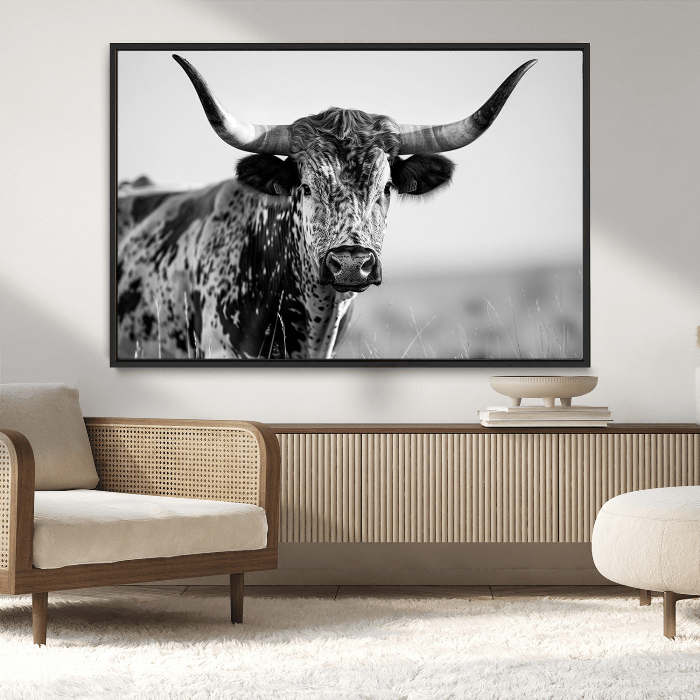 MGV-FC-36X24 - Texas Highland Cow Longhorn Canvas Print - Rustic Farmhouse Wall Art - Large Texas Longhorn